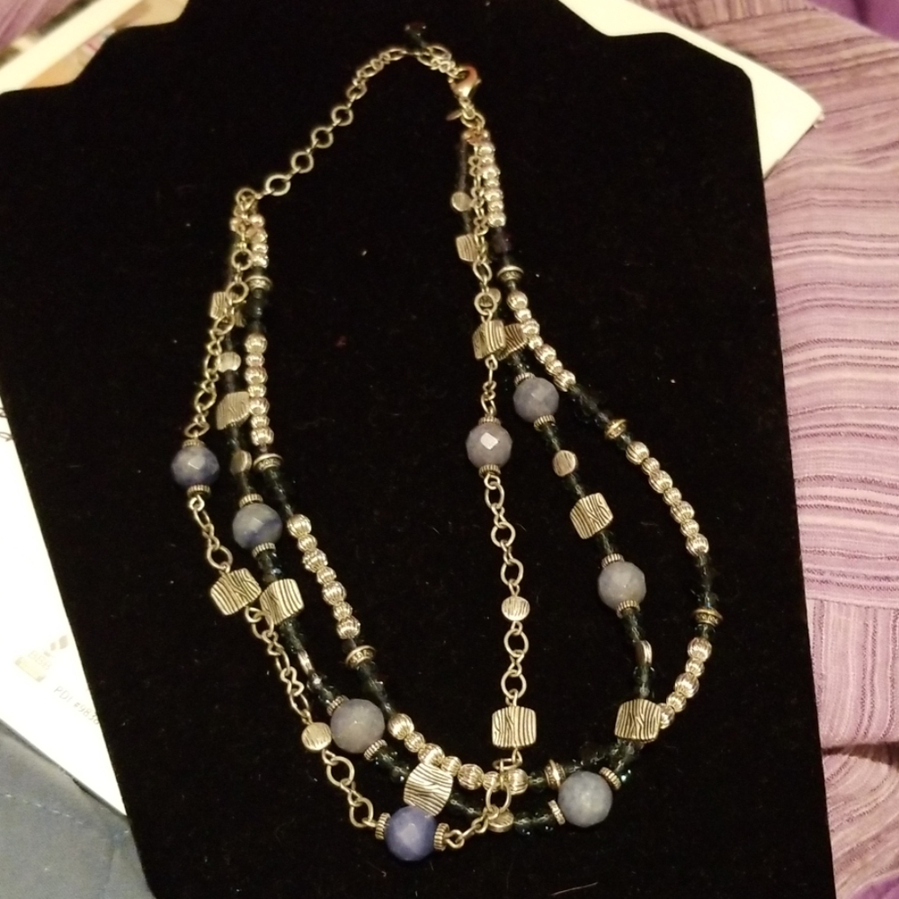 Necklace,  silver with blue and silver beads